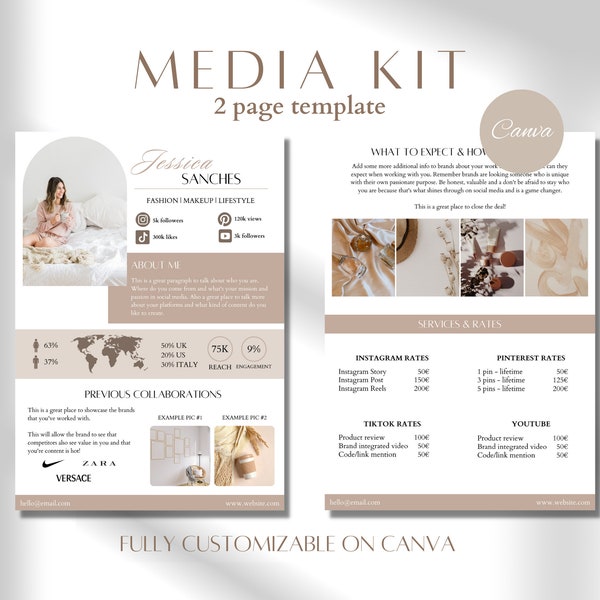 Kit média de 2 pages Modèle Canva Kit média beige Modèle de feuille de tarifs d'influenceur Kit de presse Blogger Kit média Facebook Modèle Instagram