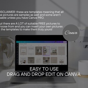May include: A laptop computer open to a Canva design template with the text "EASY TO USE DRAG AND DROP EDIT ON CANVA". The laptop is on a table with a white mug and a brown box.