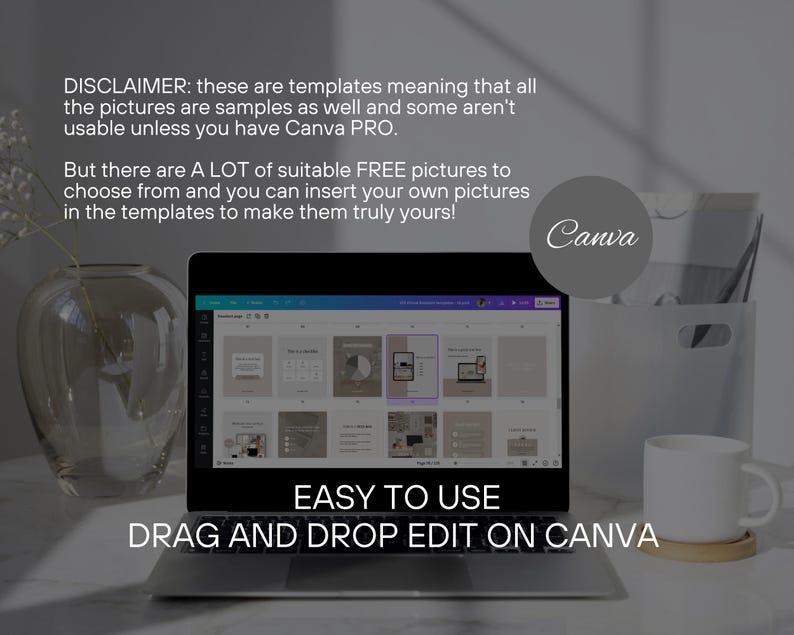 May include: A laptop computer open to a Canva design template with the text "EASY TO USE DRAG AND DROP EDIT ON CANVA". The laptop is on a table with a white mug and a brown box.