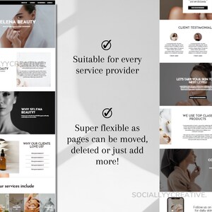 May include: A website mockup for a beauty business called Selena Beauty. The website features a black and white photo of a woman, a photo of skincare products, and text that says "Why Selena Beauty?" and "Why Our Clients Love Us?" The website also includes a section for client testimonials and a contact info section.