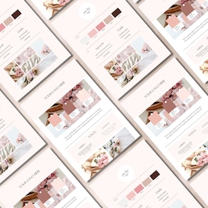 May include: Design templates in a soft, neutral palette of pink, brown, and white. Each template displays colour swatches, font examples, and floral arrangements. The text "YOUR LOGO HERE" is visible on each page.