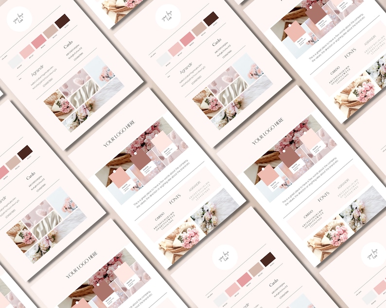 May include: Design templates in a soft, neutral palette of pink, brown, and white. Each template displays colour swatches, font examples, and floral arrangements. The text "YOUR LOGO HERE" is visible on each page.