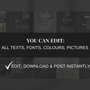 May include: A black and white graphic design template for Instagram carousels. The template features a dark background with white text and images. The text includes "Share some tips", "You can edit: All texts, fonts, colours, pictures", "Edit, download & post instantly", "Your carousel text box", "Helpfully? Follow me for more".
