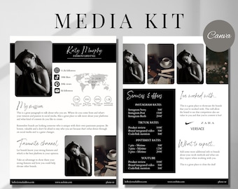 Black Media Kit Template| 2 Page White Media Kit| Influencer Rate Sheet Template| Editable Blogger Press Kit | Canva Media Kit Template