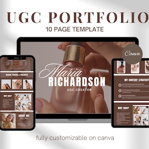 Modelo de portfólio UGC marrom, currículo editável para criador de conteúdo, kit de mídia UGC, modelo editável para kit de mídia social, modelo UGC Creator Canva