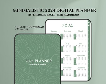 May include: A digital planner for 2024 with a green and white colour scheme. The planner includes monthly and weekly views. The text "2024 Planner" is displayed on the cover. The text "Minimalistic 2024 Digital Planner" is displayed at the top of the image. The text "Hyperlinked Pages | iPad & Android" is displayed below the title. The text "Instant Download" and "72 Pages" is displayed on the left side of the image.
