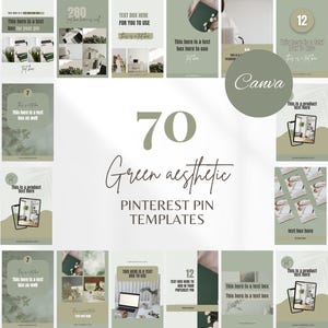 May include: A set of 70 green aesthetic Pinterest pin templates for Canva. The templates feature a variety of designs with text boxes, images, and a green color scheme.