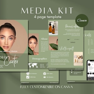 4 Page Media Kit Canva Template| Green Instagram Media Kit| Influencer Rate Sheet Template| Blogger Press Kit | Facebook Instagram Media Kit