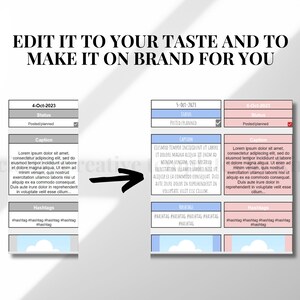 May include: A digital marketing template with a light background, featuring three content planning blocks. Each block includes date, status, caption, and hashtag sections. The text "EDIT IT TO YOUR TASTE AND TO MAKE IT ON BRAND FOR YOU" is at the top.