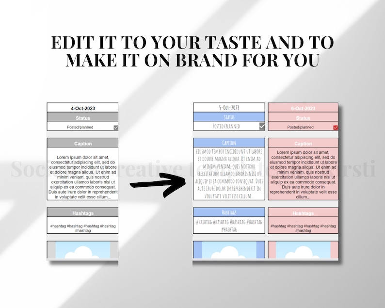 May include: A digital marketing template with a light background, featuring three content planning blocks. Each block includes date, status, caption, and hashtag sections. The text "EDIT IT TO YOUR TASTE AND TO MAKE IT ON BRAND FOR YOU" is at the top.