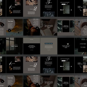 May include: A collection of 12 Instagram story templates in a dark color scheme with white text. The templates feature a variety of images, including a book, a cup of coffee, and a road. The text on the templates includes phrases like "Share some tips", "This is a carousel", and "Add a call to action".