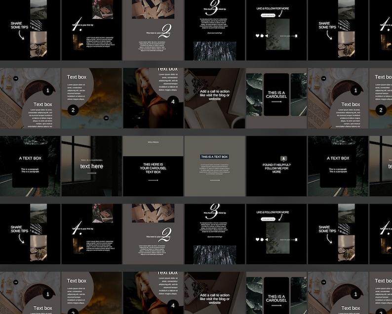 May include: A collection of 12 Instagram story templates in a dark color scheme with white text. The templates feature a variety of images, including a book, a cup of coffee, and a road. The text on the templates includes phrases like "Share some tips", "This is a carousel", and "Add a call to action".