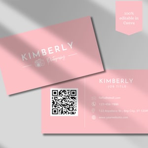 Carte de visite avec code QR Modèle de carte de visite minimaliste rose Carte de visite DIY Carte de visite rose en toile Carte de visite double face rose