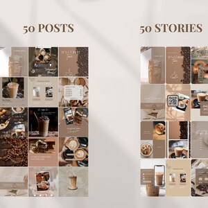 May include: A collage of 50 Instagram posts and stories featuring coffee drinks, coffee beans, and coffee shop decor. The images are in a warm, earthy color palette with a minimalist aesthetic.