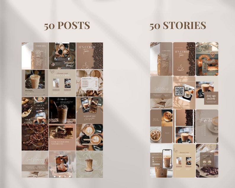 May include: A collage of 50 Instagram posts and stories featuring coffee drinks, coffee beans, and coffee shop decor. The images are in a warm, earthy color palette with a minimalist aesthetic.