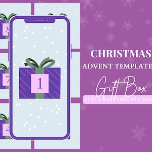 Puede incluir: Una caja de regalo morada con un lazo verde y el número 1 se muestra en la pantalla de un teléfono inteligente. El fondo es azul claro con copos de nieve blancos. El texto "CHRISTMAS ADVENT TEMPLATES Gift Box FULLY EDITABLE IN CANVA" se muestra en un fondo morado con copos de nieve blancos.
