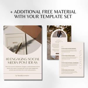 May include: A beige and brown ebook cover with the title "40 Engaging Social Media Post Ideas". The cover features a notebook with the word "Notes" written on it and a gold pen.