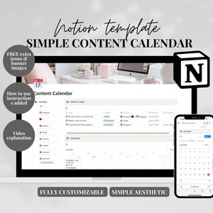 Puede incluir: Una pantalla de computadora portátil que muestra una plantilla de calendario de contenido con el texto "Notion template SIMPLE CONTENT CALENDAR" en la parte superior. La plantilla incluye un calendario, una lista de canales de redes sociales y una sección para ideas de contenido. La pantalla está en un escritorio con una taza rosa y una planta rosa en el fondo. Un teléfono móvil con una aplicación de calendario también es visible en la pantalla. El texto "FULLY CUSTOMIZABLE SIMPLE AESTHETIC" está en la parte inferior de la pantalla.
