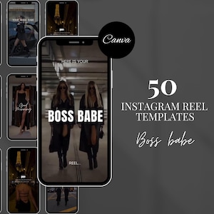 May include: A collection of Instagram reel templates displayed on a dark gray background. The templates feature images of women and text overlays such as "Boss Babe" and "Good Morning". The Canva logo is visible.