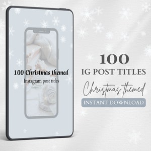 Puede incluir: Una maqueta digital de un teléfono inteligente que muestra un gráfico para 100 títulos de publicaciones de Instagram con temática navideña. El gráfico está sobre un fondo azul claro con un patrón de copos de nieve blancos. El texto "100 títulos de publicaciones de Instagram con temática navideña" está en texto negro. El texto "Descarga instantánea" está en texto blanco sobre un botón azul.