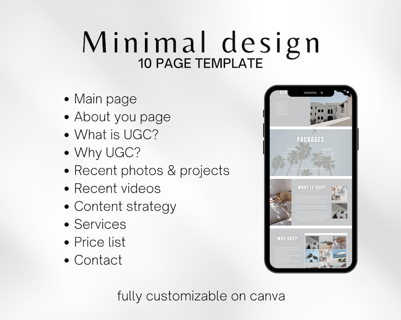 May include: A mockup of a mobile phone screen displaying a 10-page template for a minimal design website. The template includes sections for a main page, about page, what is UGC, why UGC, recent photos and projects, recent videos, content strategy, services, price list, and contact. The text "fully customizable on canva" is displayed at the bottom of the screen.