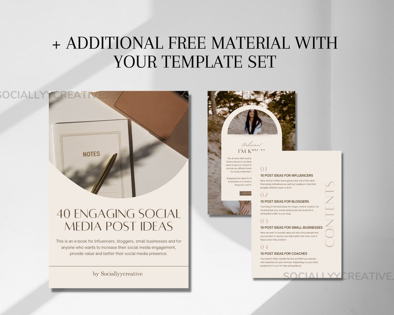 May include: A beige and brown digital download product with the text "40 Engaging Social Media Post Ideas" and "This is an e-book for influencers, bloggers, small businesses and for anyone who wants to increase their social media engagement, provide value and better their social media presence. By Sociallyycreative".