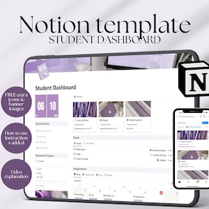May include: A screenshot of a Notion student dashboard template with a purple color scheme. The template includes sections for courses, notes, assignments, and a calendar. The text "Student Dashboard" is visible at the top of the screen. The text "FREE extra icons & banner images" is visible in a circle on the left side of the screen. The text "How to use instructions added" is visible in a circle below the previous text. The text "Video explanation" is visible in a circle below the previous text. The text "06 10" is visible in a box on the left side of the screen. The text "Quick Actions" is visible on the left side of the screen. The text "Semester Progress" is visible on the left side of the screen. The text "Notes" is visible on the left side of the screen. The text "Assignments" is visible on the left side of the screen. The text "July 2024" is visible at the top of the calendar. The text "Marketing Basics" is visible in a box on the right side of the screen. The text "Creative Writing" is visible in a box on the right side of the screen. The text "Algebra" is visible in a box on the right side of the screen. The text "N" is visible in a black square on the right side of the screen.