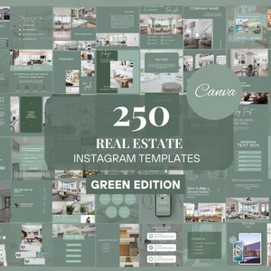 Puede incluir: Un collage de 250 plantillas de Instagram verdes y blancas para agentes inmobiliarios. Las plantillas presentan imágenes de casas, cuadros de texto y otros elementos de diseño. El texto "250 Plantillas de Instagram para bienes raíces Edición verde" se muestra en el centro del collage.