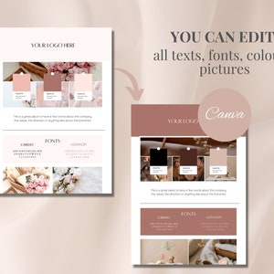May include: A digital design template in a soft, neutral colour palette. The design includes sections for a logo, text, and image placeholders. Text on the image reads "YOU CAN EDIT: all texts, fonts, colours, pictures" and "Canva".