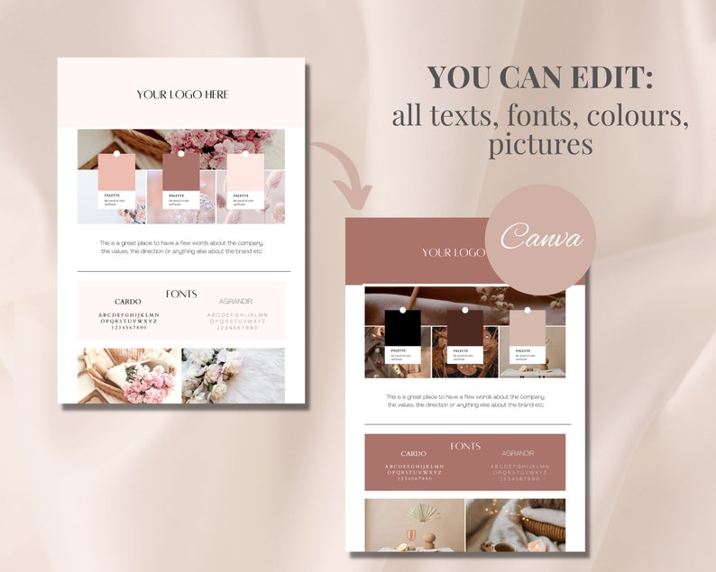May include: A digital design template in a soft, neutral colour palette. The design includes sections for a logo, text, and image placeholders. Text on the image reads "YOU CAN EDIT: all texts, fonts, colours, pictures" and "Canva".