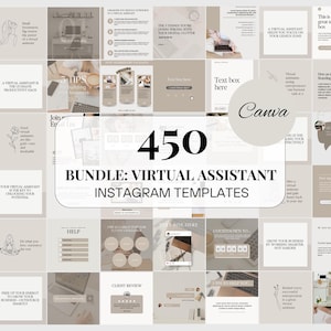 May include: A collage of 450 Instagram templates for virtual assistants, featuring a beige and brown color scheme with text boxes, graphics, and a Canva logo. The text "450 BUNDLE: VIRTUAL ASSISTANT INSTAGRAM TEMPLATES" is displayed in large, bold font.