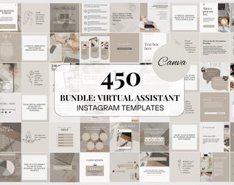 May include: A collage of 450 Instagram templates for virtual assistants, featuring a beige and brown color scheme with text boxes, graphics, and a Canva logo. The text "450 BUNDLE: VIRTUAL ASSISTANT INSTAGRAM TEMPLATES" is displayed in large, bold font.