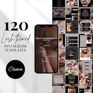 Könnte beinhalten: Eine Sammlung von 120 Instagram-Vorlagen für Wimpern-Unternehmen. Die Vorlagen zeichnen sich durch ein Schwarz-Weiß-Farbschema mit modernem Design aus. Die Vorlagen beinhalten Textfelder, Bilder und Grafiken. Die Vorlagen sind für die Verwendung in Canva konzipiert.