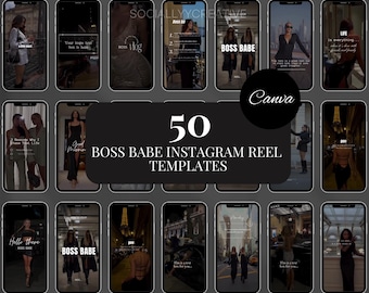 Puede incluir: Un collage de 50 plantillas de carrete de Instagram para jefas. Las plantillas presentan una variedad de imágenes, que incluyen moda, viajes y estilo de vida. El texto "50 BOSS BABE INSTAGRAM REEL TEMPLATES" se muestra en el centro del collage.