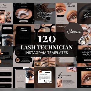 May include: A collection of 120 Instagram templates for lash technicians. The templates feature a variety of designs, including text boxes, before and after photos, and lash application images. The templates are designed to help lash technicians promote their business and attract new clients.