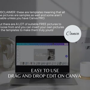 May include: A laptop computer screen displaying a Canva design template with the text "HUNTINGTON" and the words "EASY TO USE DRAG AND DROP EDIT ON CANVA". The laptop is on a white surface with a white mug and a vase with a plant.