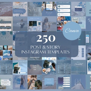 Puede incluir: Un collage de 250 plantillas de publicaciones e historias de Instagram azules y blancas. Las plantillas presentan varios diseños, que incluyen cuadros de texto, listas de verificación y cuadros de citas. El texto "250 POST & STORY INSTAGRAM TEMPLATES" se muestra en el centro de la imagen.