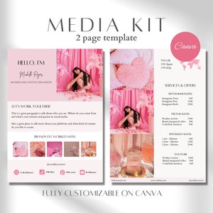 May include: A pink and white media kit template for a business and lifestyle influencer. The template includes a photo of the influencer, a description of their services and rates, and a list of brands they have worked with. The template is fully customizable on Canva.
