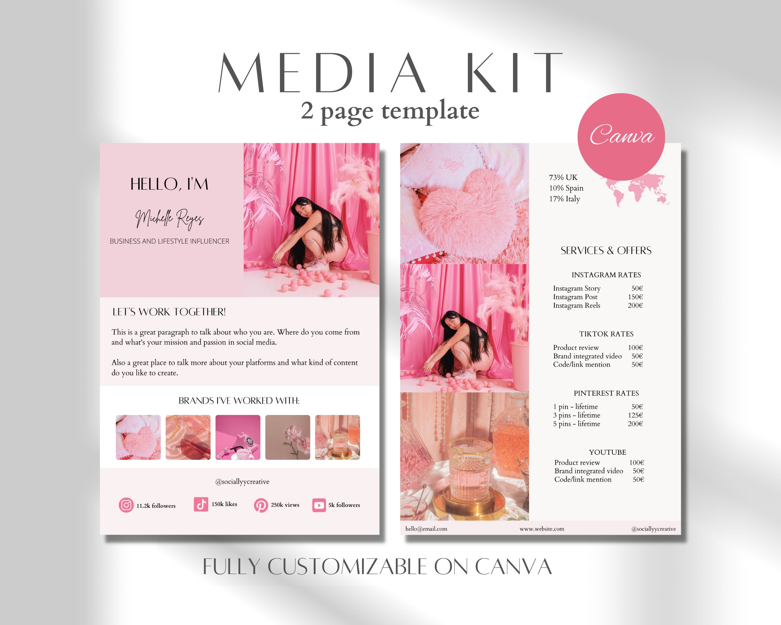 2 Page Pink Media Kit Template| Instagram Media Kit| Influencer Rate Sheet Template| Blogger Press Kit | Facebook Tiktok Instagram Template