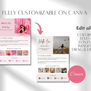 May include: Two pink and white Canva templates with the text "Hello, I'm" and the text "Let's work together!"  The templates feature a woman in a pink outfit and a woman in a white dress. The text "Edit all: Colors, Texts, Fonts, Images, Drag & Drop" is on the right side of the image.