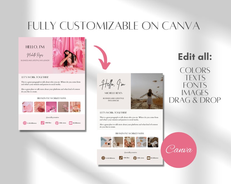 May include: Two pink and white Canva templates with the text "Hello, I'm" and the text "Let's work together!"  The templates feature a woman in a pink outfit and a woman in a white dress. The text "Edit all: Colors, Texts, Fonts, Images, Drag & Drop" is on the right side of the image.