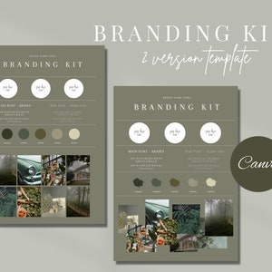 May include: Branding kit template with two versions. The template features a green and white color palette, a font selection, and a mood board with images of a car, trees, and buildings.