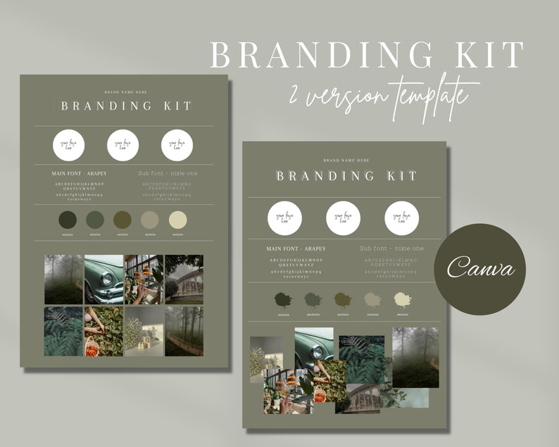 May include: Branding kit template with two versions. The template features a green and white color palette, a font selection, and a mood board with images of a car, trees, and buildings.