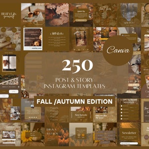 Op de afbeelding: Een collage van 250 Instagram-post- en story-sjablonen in een herfstthema. De sjablonen bevatten een verscheidenheid aan kleuren, waaronder bruin, oranje en geel, en bevatten tekstvakken, afbeeldingen en graphics. De sjablonen zijn ontworpen om gebruikers te helpen aantrekkelijke en visueel aantrekkelijke content te maken voor hun sociale media.