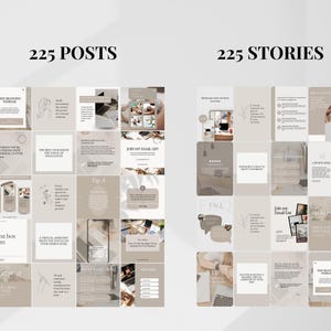 May include: A collage of 225 Instagram post and story templates in a neutral beige color scheme. The templates feature text boxes, graphics, and images. The text includes phrases like "Join my email list", "Free Branding Webinar", "Blog Post", "Tip", and "FAQ".