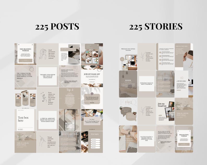 May include: A collage of 225 Instagram post and story templates in a neutral beige color scheme. The templates feature text boxes, graphics, and images. The text includes phrases like "Join my email list", "Free Branding Webinar", "Blog Post", "Tip", and "FAQ".