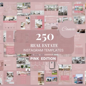 Op de afbeelding: Een collage van 250 roze en witte Instagram-sjablonen voor makelaars. De sjablonen bevatten afbeeldingen van huizen, tekstvakken en andere ontwerpelementen. De tekst "250 Real Estate Instagram Templates Pink Edition" wordt in het midden van de afbeelding weergegeven.