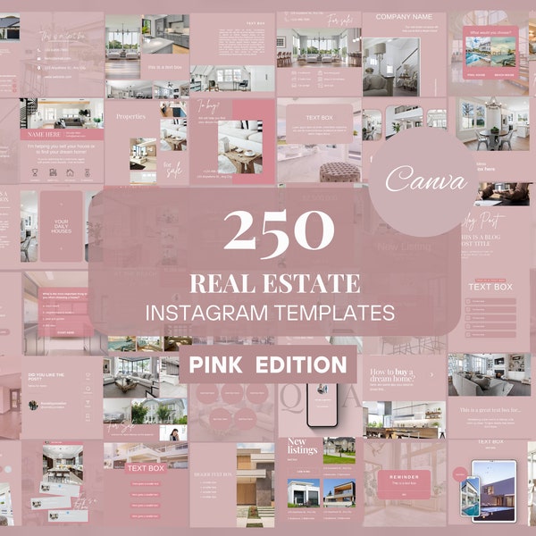 250 postagens de imóveis no Instagram | Redes sociais do corretor de imóveis rosa | Modelos de postagem para corretor de imóveis no Instagram | Modelos de engajamento imobiliário rosa