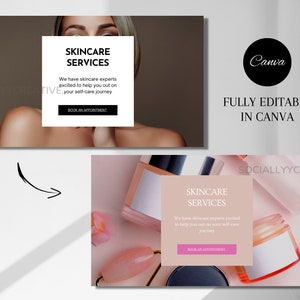 May include: A pink and white Canva template for skincare services. The template features a photo of a woman's face and a photo of skincare products. The text on the template reads "Skincare Services" and "Book an Appointment".
