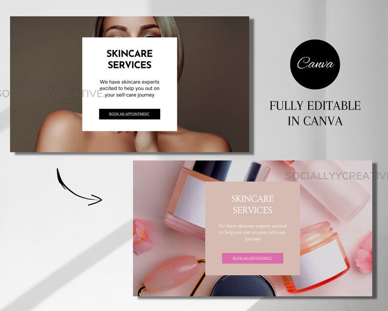 May include: A pink and white Canva template for skincare services. The template features a photo of a woman's face and a photo of skincare products. The text on the template reads "Skincare Services" and "Book an Appointment".